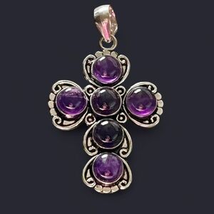 Large Natural Amethyst Sterling Silver 2.4” Cross Pendant